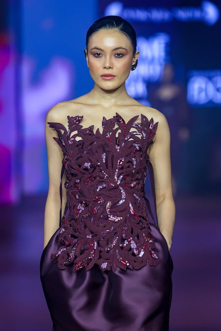 Pankaj & Nidhi_Burgundy Satin Sequins, Embroidery Asymmetric Floral Cutwork Harness Top _Online_at_Aza_Fashions
