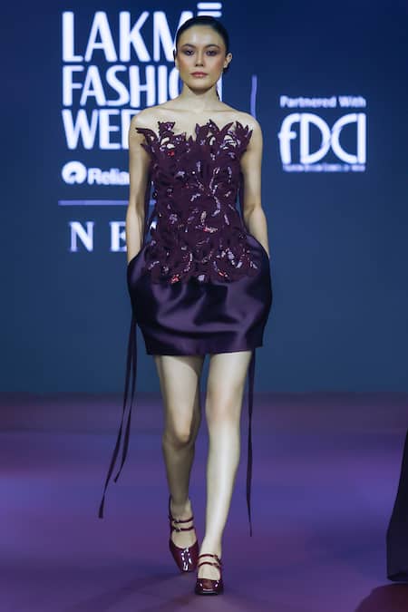 Buy_Pankaj & Nidhi_Burgundy Satin Sequins, Embroidery Asymmetric Floral Cutwork Harness Top _Online_at_Aza_Fashions