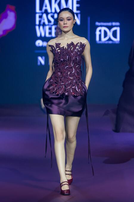 Pankaj & Nidhi_Burgundy Twill, Viscose Sequins, Embroidery Embellished Mini Skirt With Harness _Online_at_Aza_Fashions