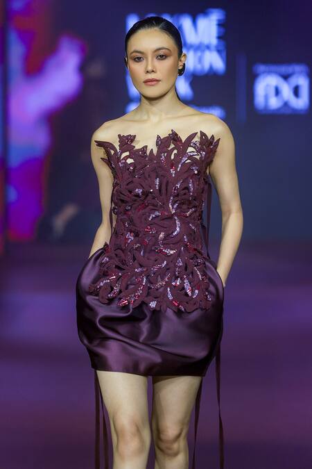 Buy_Pankaj & Nidhi_Burgundy Twill, Viscose Sequins, Embroidery Embellished Mini Skirt With Harness _Online_at_Aza_Fashions