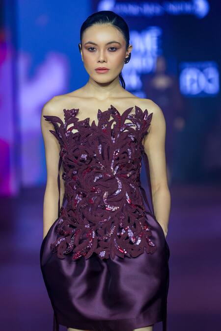 Shop_Pankaj & Nidhi_Burgundy Twill, Viscose Sequins, Embroidery Embellished Mini Skirt With Harness _Online_at_Aza_Fashions