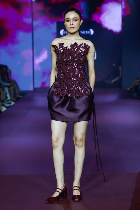 Pankaj & Nidhi_Burgundy Twill, Viscose Sequins, Embroidery Embellished Mini Skirt With Harness _at_Aza_Fashions