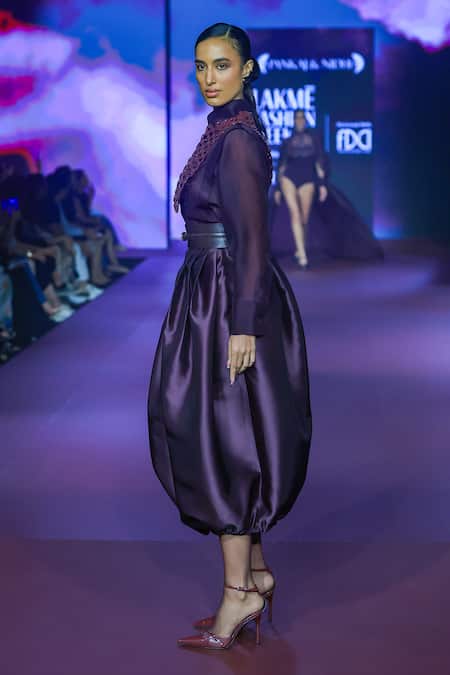 Pankaj & Nidhi_Purple Twill Deep Bordeaux Cocoon Midi Skirt _Online_at_Aza_Fashions