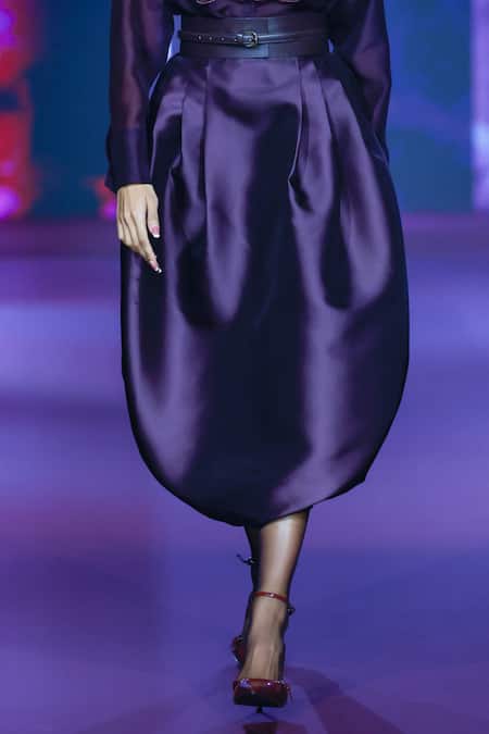 Shop_Pankaj & Nidhi_Purple Twill Deep Bordeaux Cocoon Midi Skirt _Online_at_Aza_Fashions