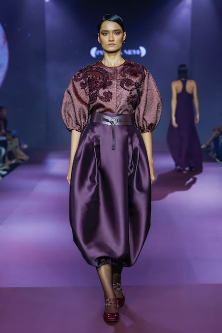 Pankaj & Nidhi_Purple Twill Embroidery Deep Bordeaux Cocoon Midi Skirt _Online_at_Aza_Fashions