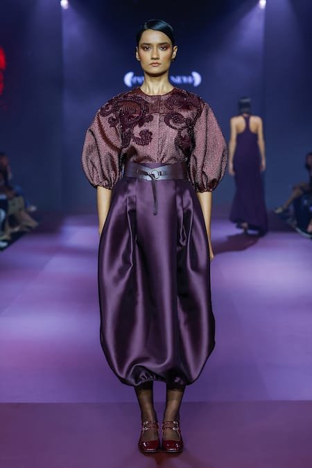 Buy_Pankaj & Nidhi_Purple Twill Embroidery Deep Bordeaux Cocoon Midi Skirt _Online_at_Aza_Fashions