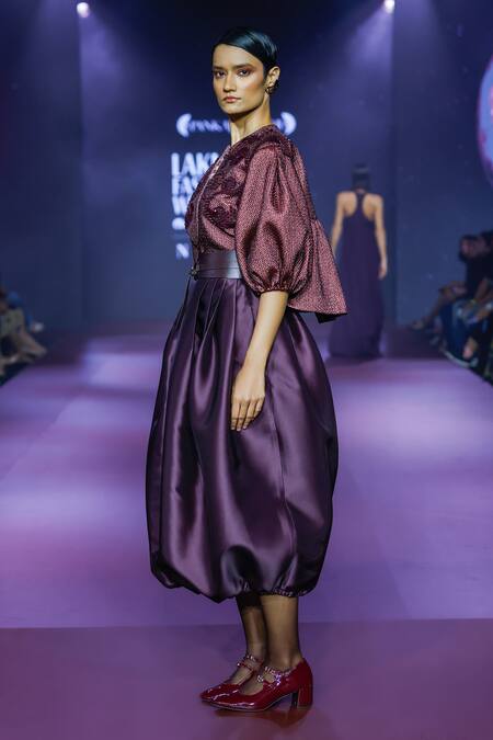 Pankaj & Nidhi_Purple Twill Embroidery Deep Bordeaux Cocoon Midi Skirt _at_Aza_Fashions