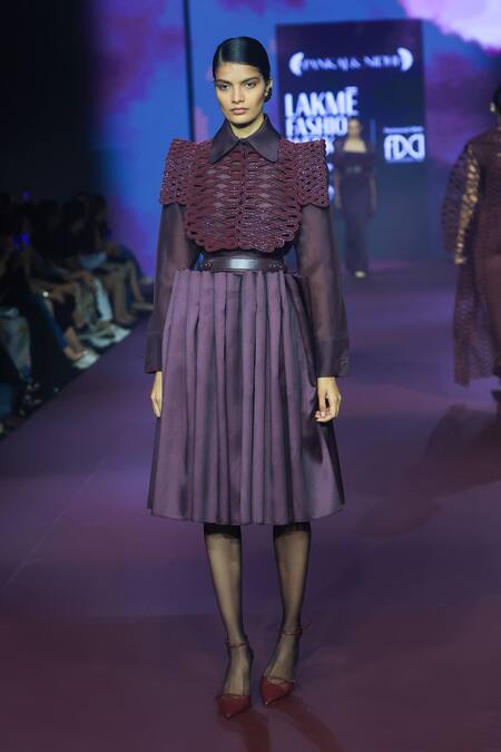 Buy_Pankaj & Nidhi_Purple Twill Deep Bordeaux Pleated Midi Skirt _Online_at_Aza_Fashions