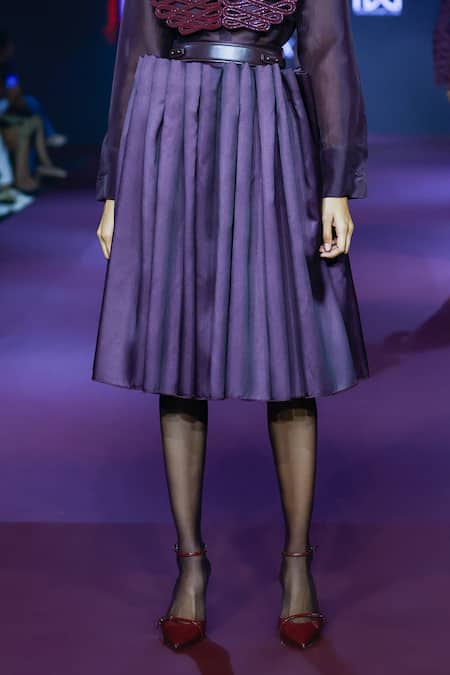 Shop Pankaj & Nidhi Purple Twill Deep Bordeaux Pleated Midi Skirt Online at Aza Fashions Shop_Pankaj & Nidhi_Purple Twill Deep Bordeaux Pleated Midi Skirt _Online_at_Aza_Fashions