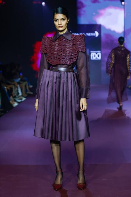Pankaj & Nidhi Purple Twill Deep Bordeaux Pleated Midi Skirt at Aza Fashions Pankaj & Nidhi_Purple Twill Deep Bordeaux Pleated Midi Skirt _at_Aza_Fashions