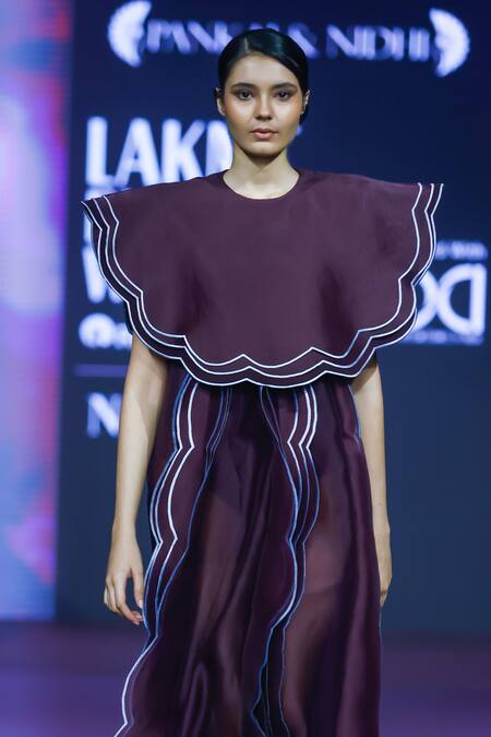 Pankaj & Nidhi Purple Silk Organza, Faux Leather Embroidery Raisin Scallop Border Cape Dress Online at Aza Fashions Pankaj & Nidhi_Purple Silk Organza, Faux Leather Embroidery Raisin Scallop Border Cape Dress _Online_at_Aza_Fashions
