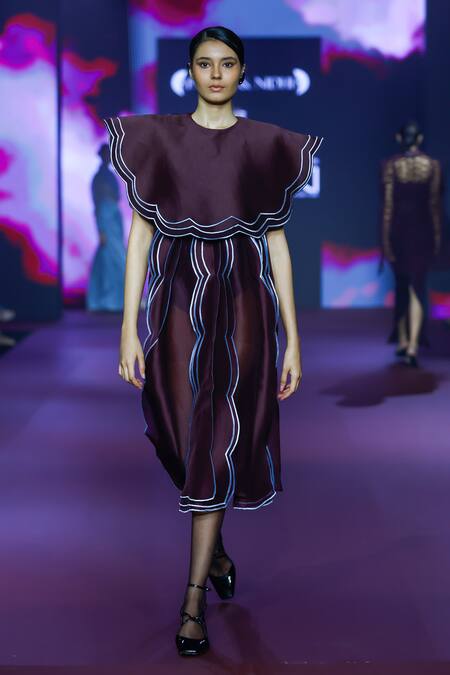 Shop Pankaj & Nidhi Purple Silk Organza, Faux Leather Embroidery Raisin Scallop Border Cape Dress Online at Aza Fashions Shop_Pankaj & Nidhi_Purple Silk Organza, Faux Leather Embroidery Raisin Scallop Border Cape Dress _Online_at_Aza_Fashions