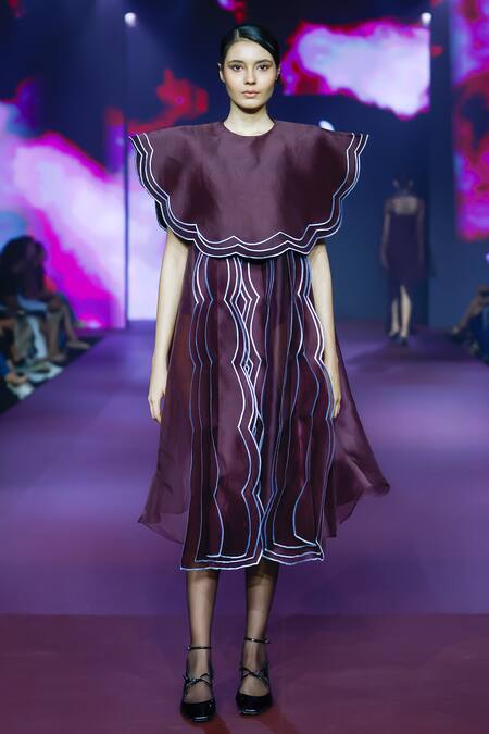 Pankaj & Nidhi Purple Silk Organza, Faux Leather Embroidery Raisin Scallop Border Cape Dress at Aza Fashions Pankaj & Nidhi_Purple Silk Organza, Faux Leather Embroidery Raisin Scallop Border Cape Dress _at_Aza_Fashions