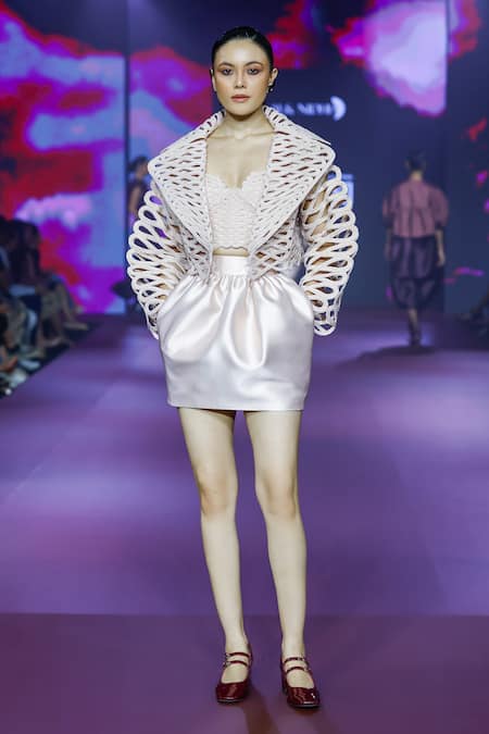 Pankaj & Nidhi Ivory Embellished Bomber Jacket Skirt Set 