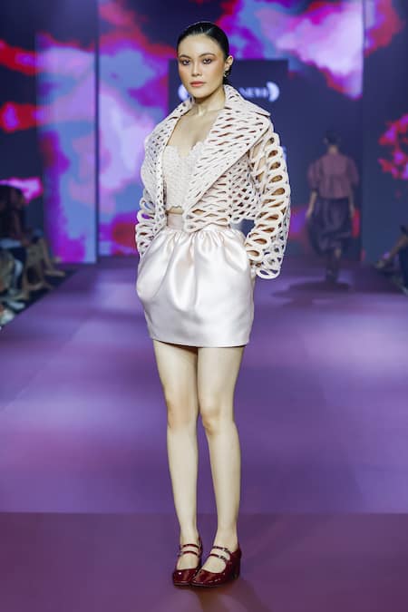 Pankaj & Nidhi Ivory Embellished Bomber Jacket Skirt Set 