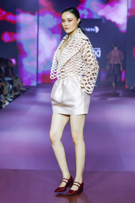 Pankaj & Nidhi_Ivory Tulle, Crepe Beads Sweetheart Neck, Embellished Bomber Jacket Skirt Set _at_Aza_Fashions