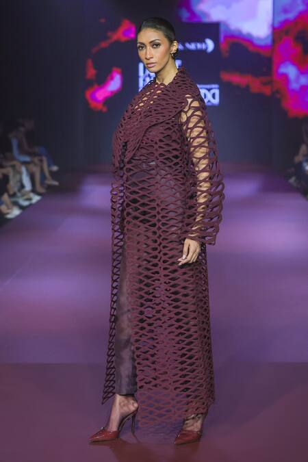 Buy_Pankaj & Nidhi_Purple Tulle Embroidery Collared Deep Bordeaux Power Shoulder Jacket _Online_at_Aza_Fashions