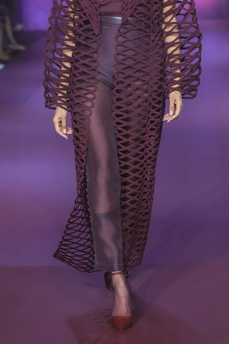 Pankaj & Nidhi_Burgundy Tulle, Satin Beads Collared Deep Bordeaux Cord Work Jacket Pant Set _Online_at_Aza_Fashions