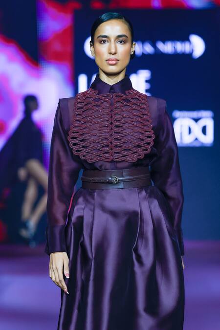 Buy Pankaj & Nidhi Burgundy Silk Organza, Tulle, Twill Crystals, Embellished Shirt And Skirt Set Buy_Pankaj & Nidhi_Burgundy Silk Organza, Tulle, Twill Crystals, Embellished Shirt And Skirt Set