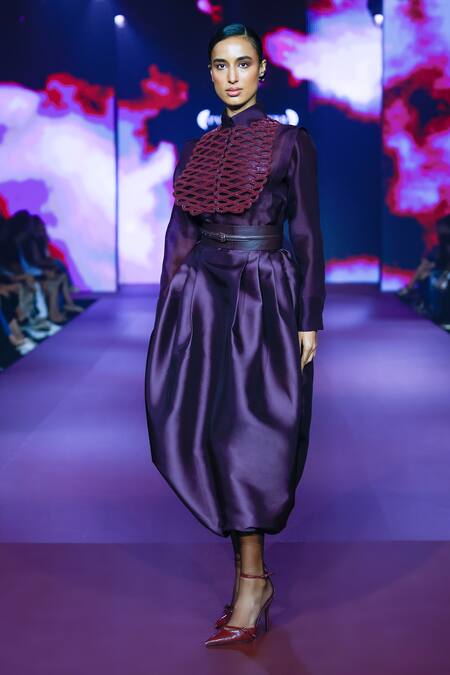 Shop Pankaj & Nidhi Burgundy Silk Organza, Tulle, Twill Crystals, Embellished Shirt And Skirt Set Shop_Pankaj & Nidhi_Burgundy Silk Organza, Tulle, Twill Crystals, Embellished Shirt And Skirt Set