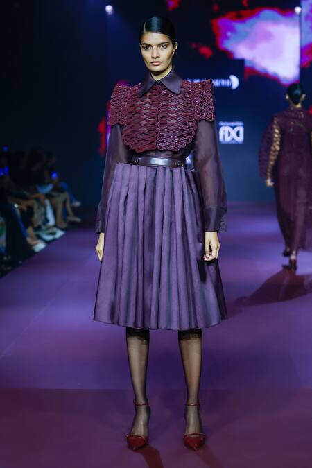 Pankaj & Nidhi_Burgundy Tulle Beads, Embroidery Choker Neck Glass Embellished Yoke Top _at_Aza_Fashions