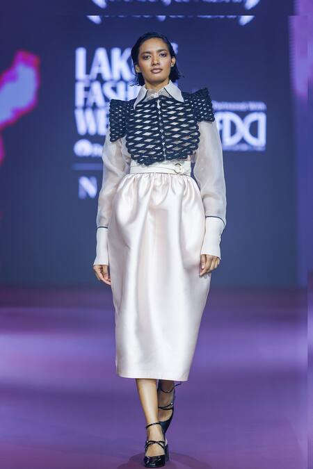 Pankaj & Nidhi Ivory Silk Organza, Tulle, Twill Beads Embellished Tuxedo Yoke Shirt And Skirt Set Online at Aza Fashions Pankaj & Nidhi_Ivory Silk Organza, Tulle, Twill Beads Embellished Tuxedo Yoke Shirt And Skirt Set _Online_at_Aza_Fashions