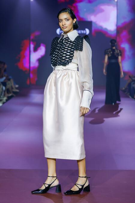 Shop Pankaj & Nidhi Ivory Silk Organza, Tulle, Twill Beads Embellished Tuxedo Yoke Shirt And Skirt Set Online at Aza Fashions Shop_Pankaj & Nidhi_Ivory Silk Organza, Tulle, Twill Beads Embellished Tuxedo Yoke Shirt And Skirt Set _Online_at_Aza_Fashions