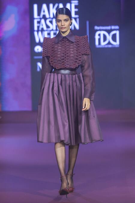 Pankaj & Nidhi_Burgundy Tulle Embroidery, Solid Purple Shirt And Skirt Set With Embellished Yoke _Online_at_Aza_Fashions