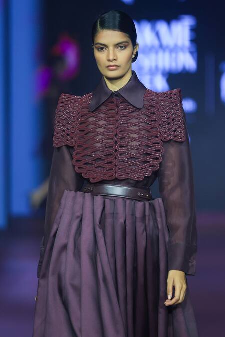 Buy_Pankaj & Nidhi_Burgundy Tulle Embroidery, Solid Purple Shirt And Skirt Set With Embellished Yoke _Online_at_Aza_Fashions