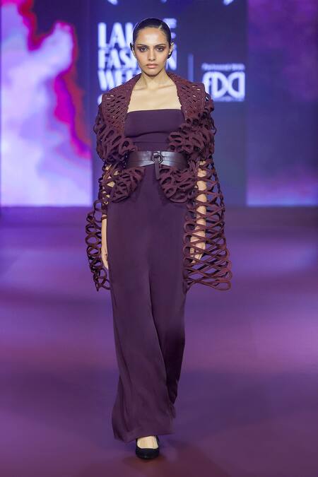 Pankaj & Nidhi_Purple Tulle Cut Work Collared Raisin Bomber Jacket _Online_at_Aza_Fashions