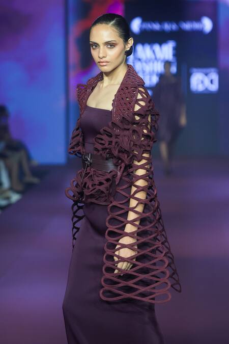 Buy_Pankaj & Nidhi_Purple Tulle Cut Work Collared Raisin Bomber Jacket _Online_at_Aza_Fashions
