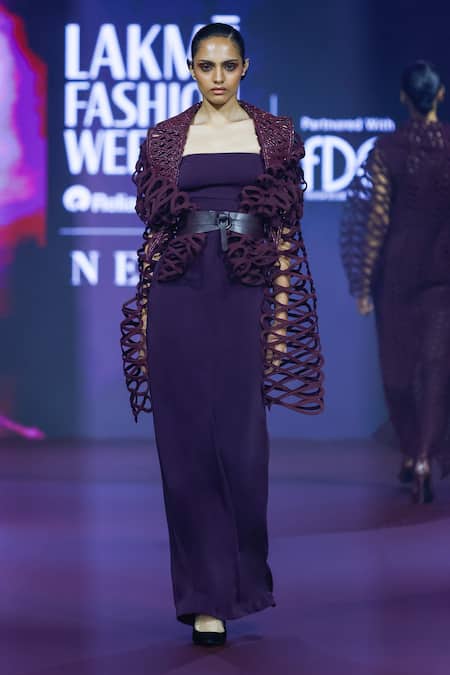 Buy_Pankaj & Nidhi_Purple Tulle, Crepe Cut Work Square Neck Raisin Bomber Jacket And Maxi Dress _Online_at_Aza_Fashions