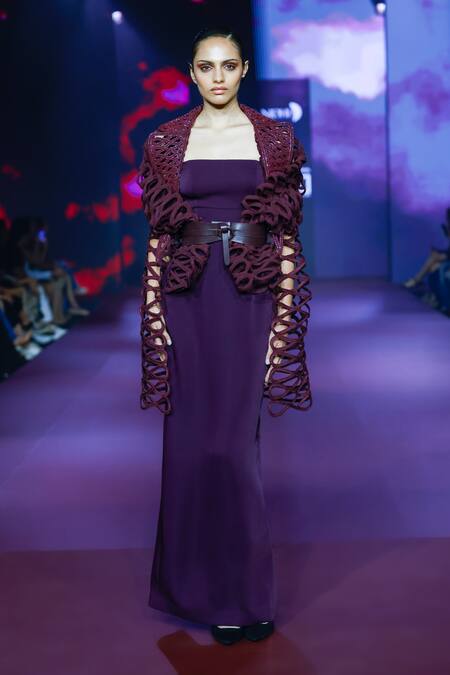 Buy_Pankaj & Nidhi_Purple Tulle, Crepe Cut Work Square Neck Raisin Bomber Jacket And Maxi Dress 