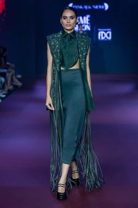 Pankaj & Nidhi_Green Faux Leather Cypress High Waisted Skirt _Online_at_Aza_Fashions