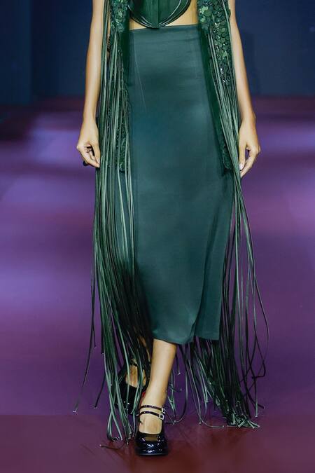 Shop Pankaj & Nidhi Green Faux Leather Cypress High Waisted Skirt Online at Aza Fashions Shop_Pankaj & Nidhi_Green Faux Leather Cypress High Waisted Skirt _Online_at_Aza_Fashions