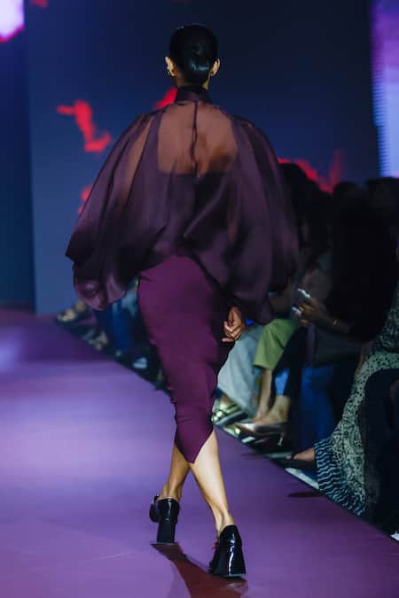 Shop Pankaj & Nidhi Purple Faux Leather High Waist Straight Skirt at Aza Fashions Shop_Pankaj & Nidhi_Purple Faux Leather High Waist Straight Skirt _at_Aza_Fashions