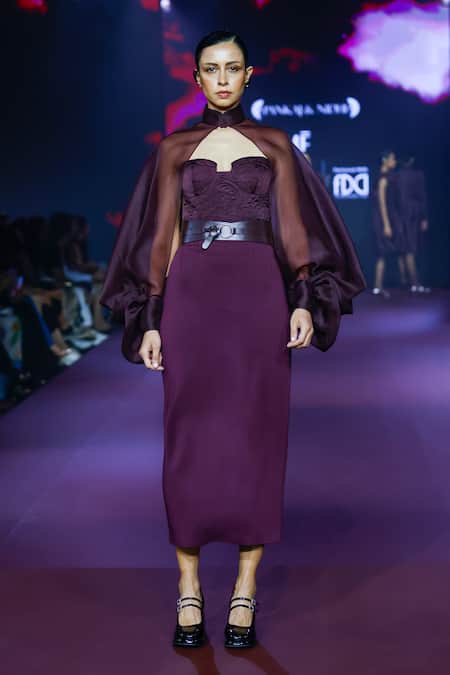 Pankaj & Nidhi Purple Faux Leather High Waist Straight Skirt Online at Aza Fashions Pankaj & Nidhi_Purple Faux Leather High Waist Straight Skirt _Online_at_Aza_Fashions