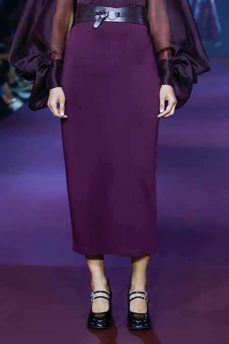 Shop Pankaj & Nidhi Purple Faux Leather High Waist Straight Skirt Online at Aza Fashions Shop_Pankaj & Nidhi_Purple Faux Leather High Waist Straight Skirt _Online_at_Aza_Fashions