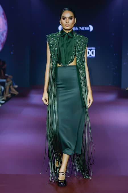 Pankaj & Nidhi Cypress Green Fringe Tassel Jacket Set 