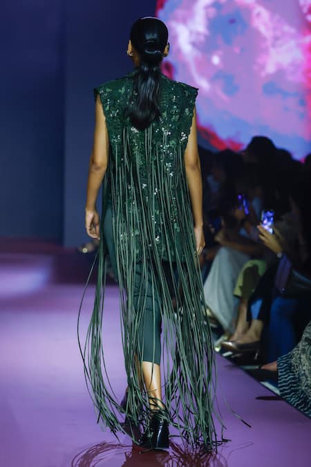 Pankaj & Nidhi Cypress Green Fringe Tassel Jacket Set 