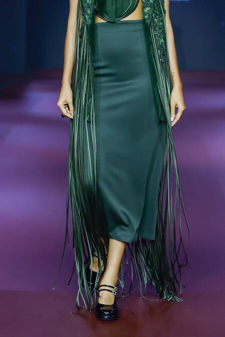 Pankaj & Nidhi_Green Tulle, Silk Organza Sequins, Embroidery Cypress Fringe Tassel Jacket Set _Online_at_Aza_Fashions