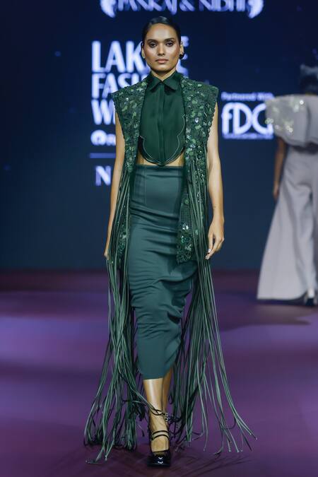 Buy_Pankaj & Nidhi_Green Tulle, Silk Organza Sequins, Embroidery Cypress Fringe Tassel Jacket Set _Online_at_Aza_Fashions