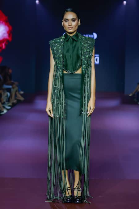 Shop_Pankaj & Nidhi_Green Tulle, Silk Organza Sequins, Embroidery Cypress Fringe Tassel Jacket Set _Online_at_Aza_Fashions