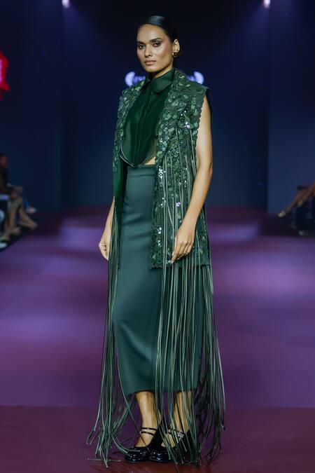 Pankaj & Nidhi_Green Tulle, Silk Organza Sequins, Embroidery Cypress Fringe Tassel Jacket Set _at_Aza_Fashions