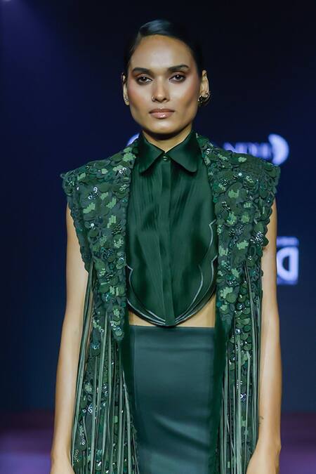 Buy_Pankaj & Nidhi_Green Tulle, Silk Organza Sequins, Embroidery Cypress Fringe Tassel Jacket Set 