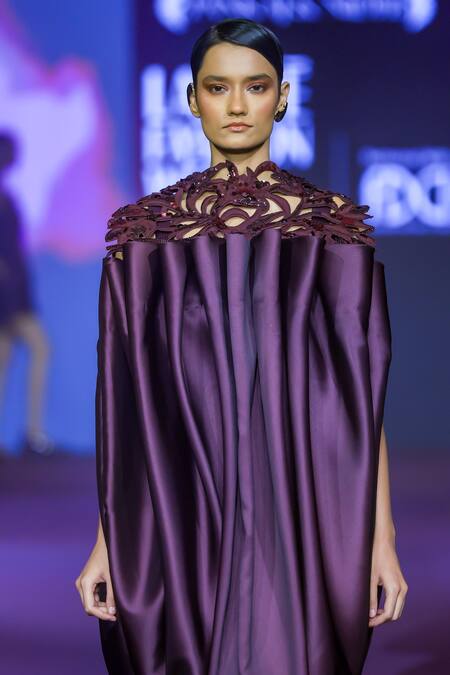Pankaj & Nidhi_Purple Twill Cut Work Open Neck Link Pleated Midi Dress _Online_at_Aza_Fashions