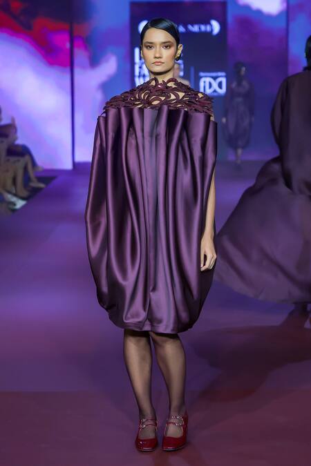 Buy_Pankaj & Nidhi_Purple Twill Cut Work Open Neck Link Pleated Midi Dress _Online_at_Aza_Fashions