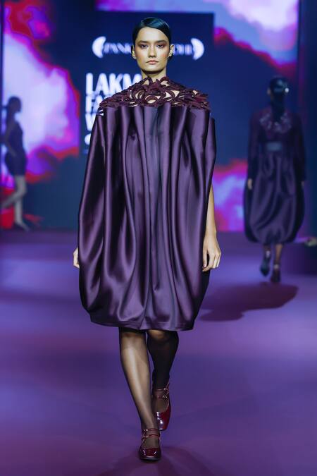 Shop_Pankaj & Nidhi_Purple Twill Cut Work Open Neck Link Pleated Midi Dress _Online_at_Aza_Fashions