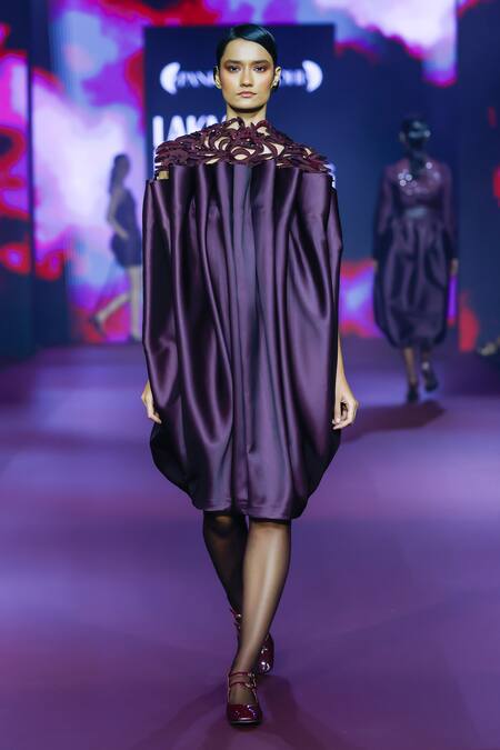 Pankaj & Nidhi_Purple Twill Cut Work Open Neck Link Pleated Midi Dress _at_Aza_Fashions