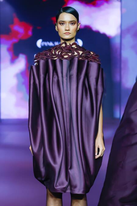 Buy_Pankaj & Nidhi_Purple Twill Cut Work Open Neck Link Pleated Midi Dress 